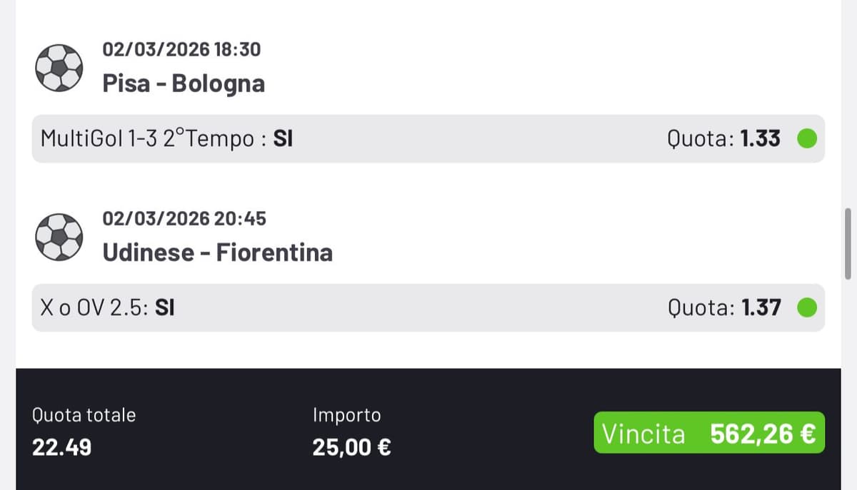 Spaccabolla - Screenshot quota 5 vincente pronostico calcio